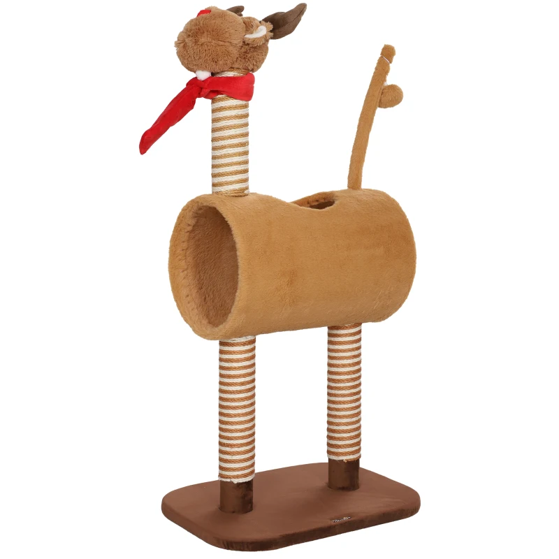 PawHut 98cm Deer-Designed Cat Tree with Scratching Posts, Toy Ball, Tunnel, Brown