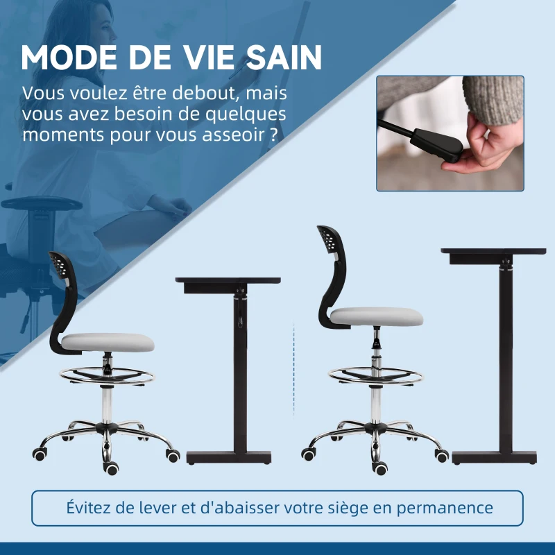 Vinsetto Chaise de bureau ergonomique en maille, chaise de dessin, hauteur et repose-pieds réglable, 59 x 59 x 106-126 cm, gris