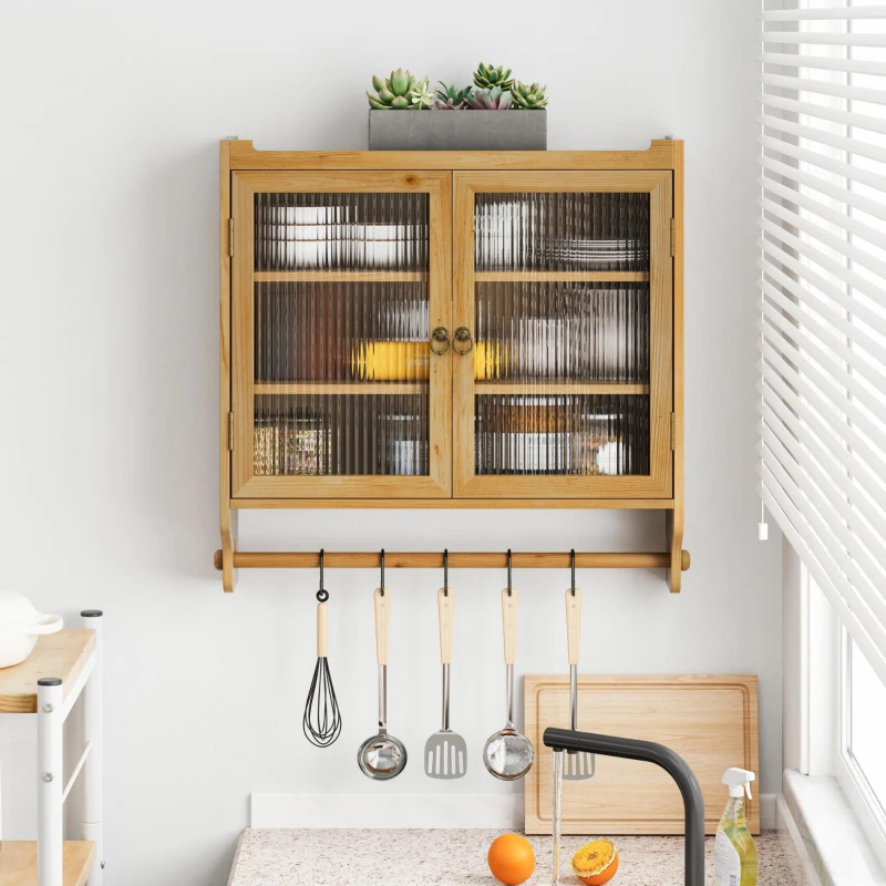 Armoire murale avec portes en verre, espace de rangement à trois niveaux et porte-serviettes, pour salle de bain, cuisine, salle à manger, 63x18x60 cm, Couleur naturelle