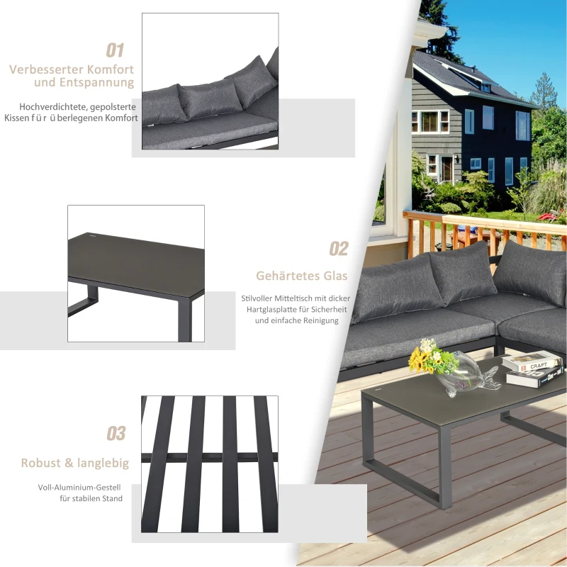 Outsunny 3-tlg. Gartengarnitur Gartenmöbel-Set mit Breitem Sitz, 4-stufig verstellbar Gartenliege Gartenset Sitzgruppe mit Beistelltisch Sofa mit Kissen Outdoor Aluminium Grau