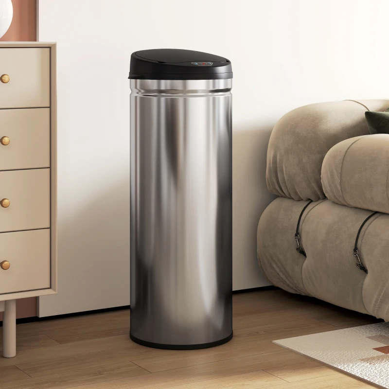 HOMCOM Cubo de Basura con Sensor de 50 Litros y Función de Cierre Suave, Cubo de Basura sin Contacto de Acero Inoxidable para Cocinas, Oficinas, Color Plata