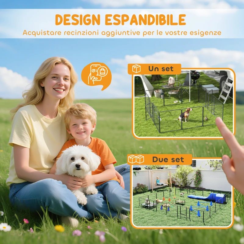 PawHut Recinto per Cani a 12 Pannelli Modulabili da 80x1.5x80 cm, Pieghevole con Porta in Acciaio, 12 Picchetti, Grigio