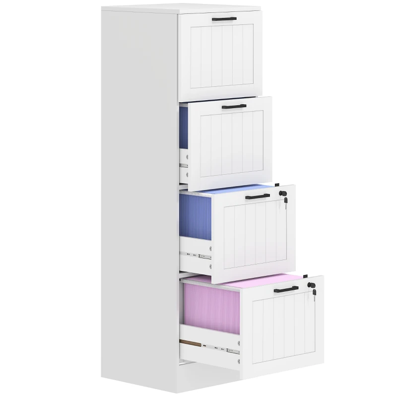 HOMCOM Mobile per ufficio in legno con 4 cassetti e serratura, barre di sospensione regolabili, 40 x 40 x 131 cm, Bianco
