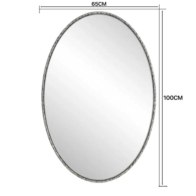 Specchio retrò ovale con cornice in ferro, da parete per bagno, soggiorno, 65x3x100 cm, Argento