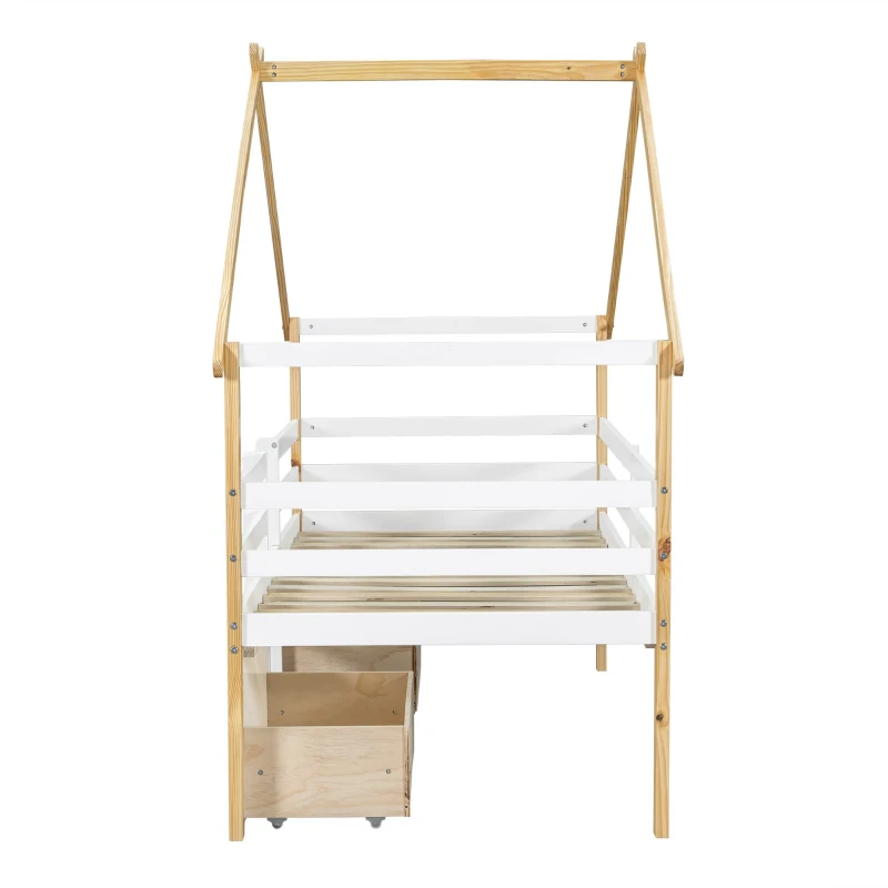 3ft Children's Bed with 2 Storage Drawers, Safety Guardrail, MDF and Pinewood Frame, Roof Design, 201.5L x 95W x 212H cm, White+Natural