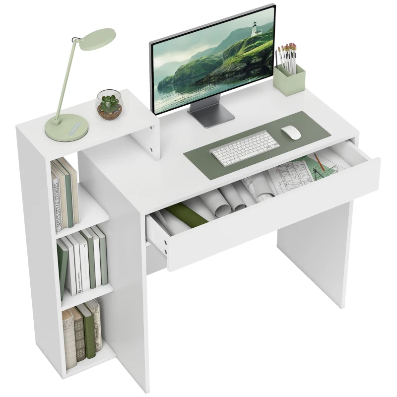 HOMCOM Escritorio PC Moderno con 3 Estantes Abiertos y Cajón, en Madera Blanca, 100x40x90 cm