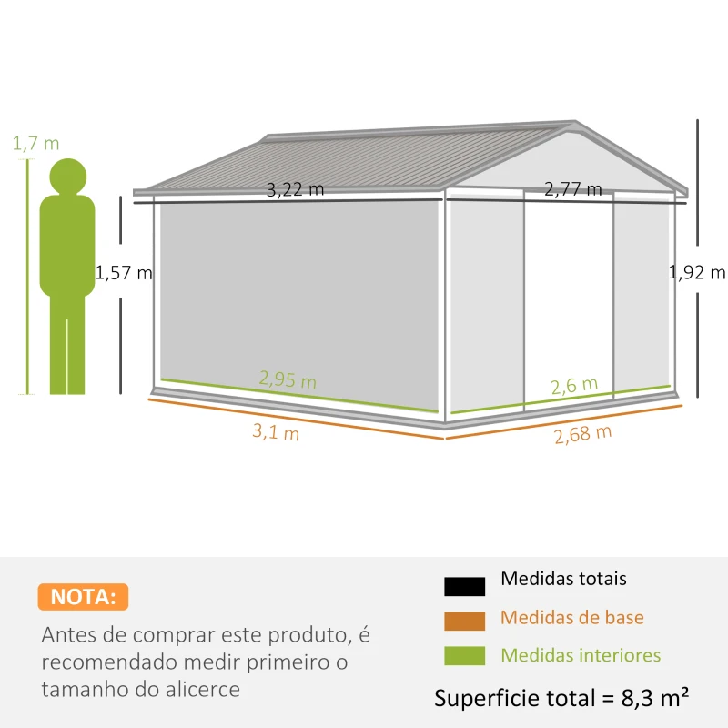 Outsunny Abrigo de Jardim Metálico para Armazenamento de Ferramentas com Base de Reforço Incluída e 4 Janelas 277x322x192 cm Cinza Escuro