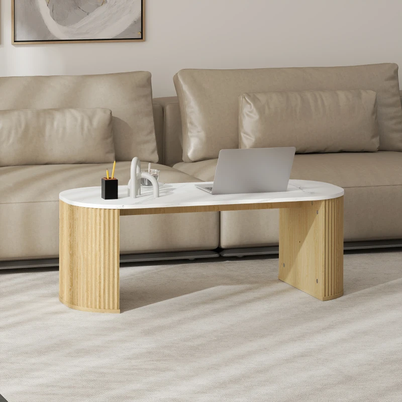 HOMCOM Table basse ovale, table d'appoint aspect effet marbre, coins arrondis pieds épais, 110 x 50 x 40 cm, blanc