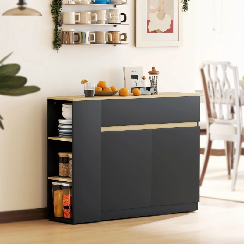 HOMCOM Credenza da cucina con 2 cassetti, 3 scaffali aperti e 2 ante 110 x 29,5 x 82 cm Nero