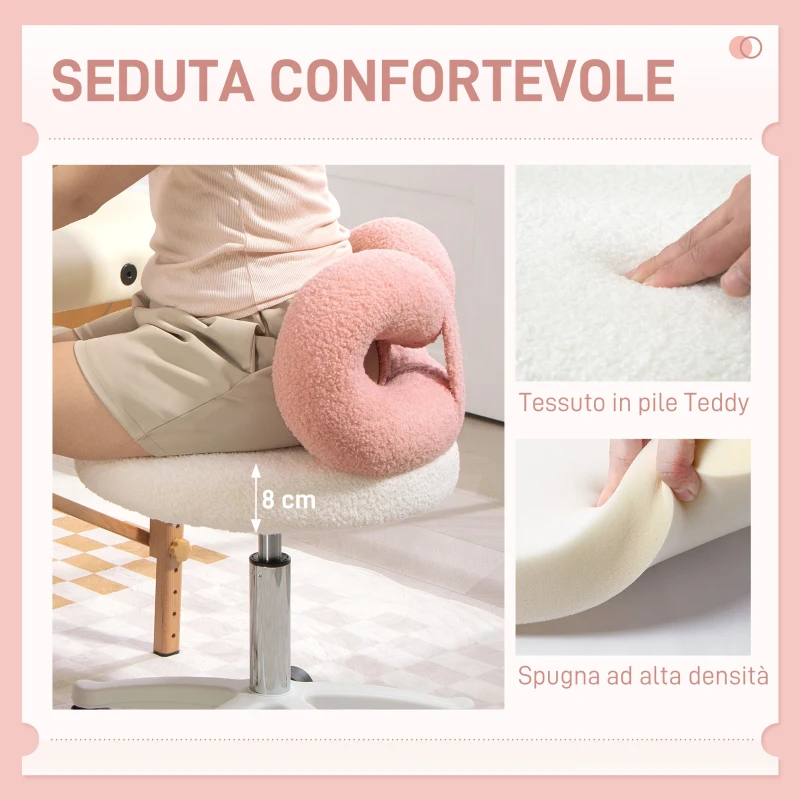 HOMCOM Sgabello Girevole ad Altezza Regolabile con Schienale ad Arco, in Tessuto Teddy, 50x50x63-77 cm, Bianco e Rosa