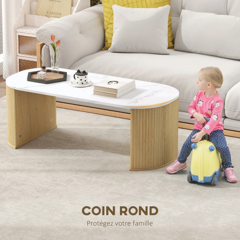 HOMCOM Table basse ovale, table d'appoint aspect effet marbre, coins arrondis pieds épais, 110 x 50 x 40 cm, blanc