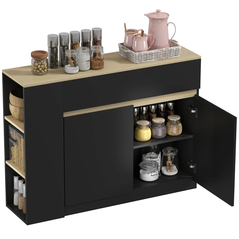 HOMCOM Credenza da cucina con 2 cassetti, 3 scaffali aperti e 2 ante 110 x 29,5 x 82 cm Nero