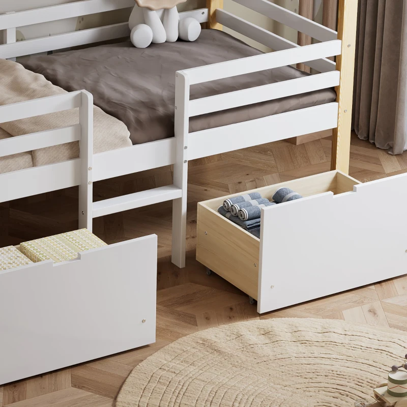 3ft Children's Bed with 2 Storage Drawers, Safety Guardrail, MDF and Pinewood Frame, Roof Design, 201.5L x 95W x 212H cm, White+Natural