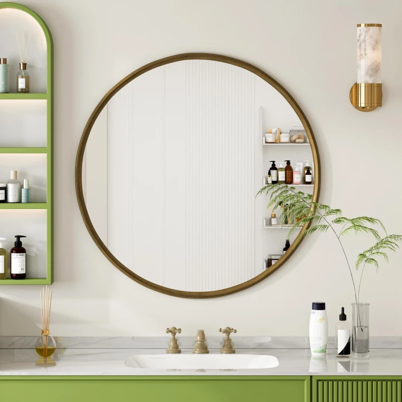 Miroir mural rond avec cadre en métal, pour mur, salle de bain, salon, chambre, coiffeuse, couloir, 80x2x80 cm, Bronze