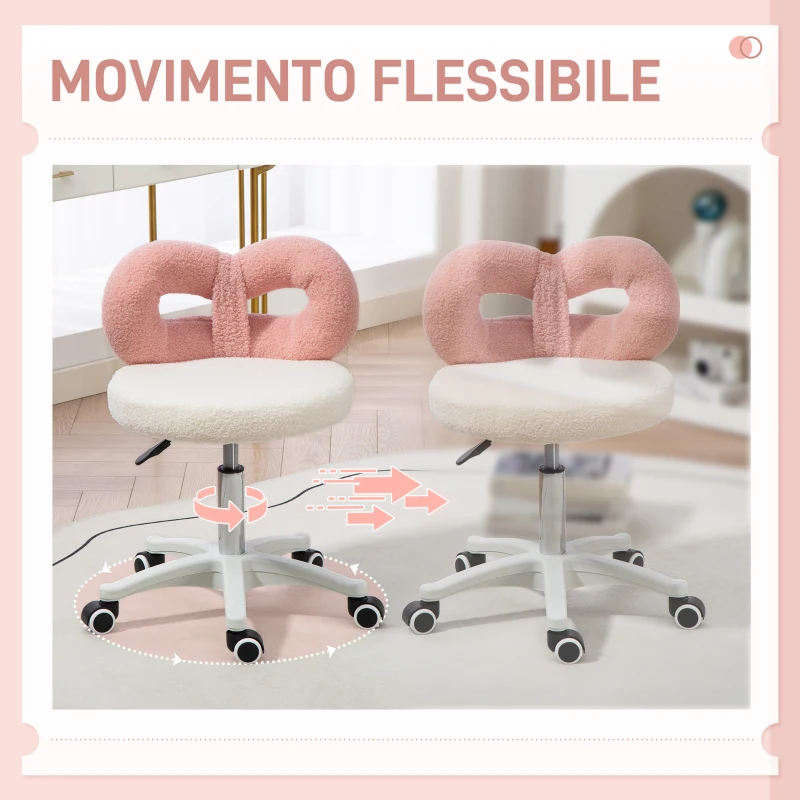 HOMCOM Sgabello Girevole ad Altezza Regolabile con Schienale ad Arco, in Tessuto Teddy, 50x50x63-77 cm, Bianco e Rosa
