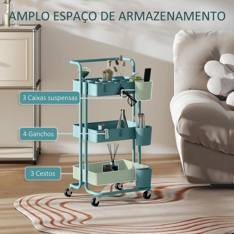 HOMCOM Carrinho de Cozinha Carrinho de Armazenamento com 4 Ganchos 3 Cestas Removíveis 3 Caixas Suspensas 42x38x86,5cm Preto