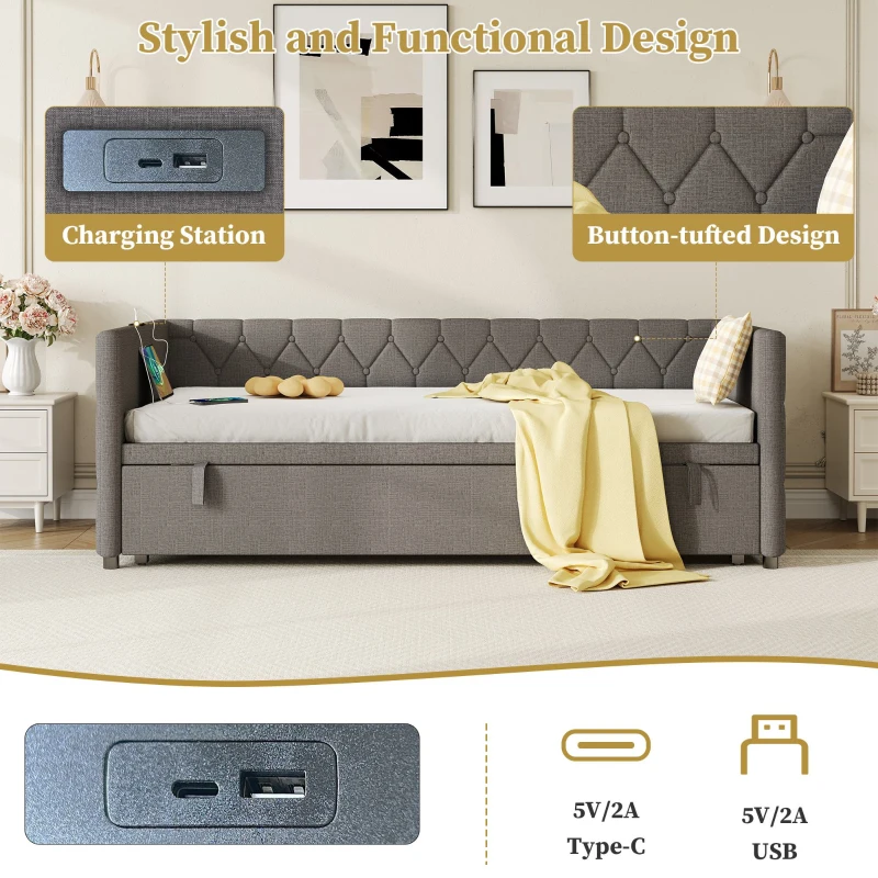 Upholstered Daybed with USB and Type-C Ports, Button-Tufted Pull-out Trundle Bed for Bedroom, Study Room, 206L x 193W x 71H cm, Grey