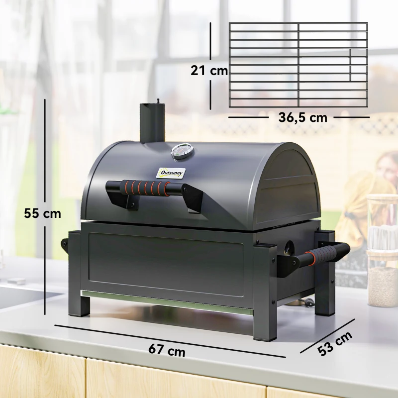 Outsunny Kohlegrill mit Deckel, Warmhalterost, Aschefach, Thermometer, rostfrei, 67 x 53 x 55cm, Schwarz/Rot