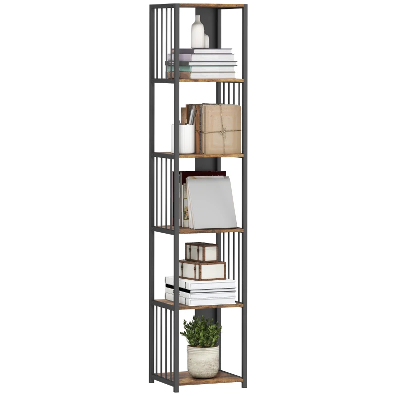 HOMCOM 5-Tier Bookshelf with Steel Frame - Rustic Brown