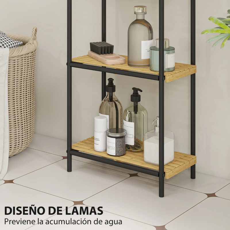 HOMCOM Estantería de Baño de Bambú con 4 Baldas Abiertas Diseño de Lamas y Estructura de Acero 41,5x21,5x106 cm Natural