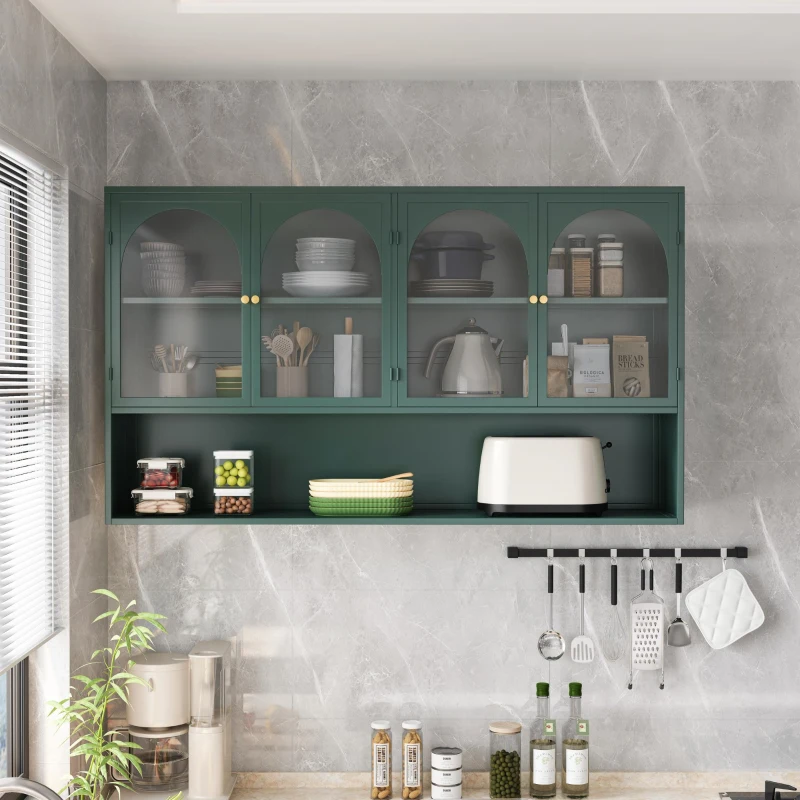 Armoire murale avec quatre portes en verre et étagère, pour cuisine, salon, salle de bain, 120x23x70 cm, Vert foncé