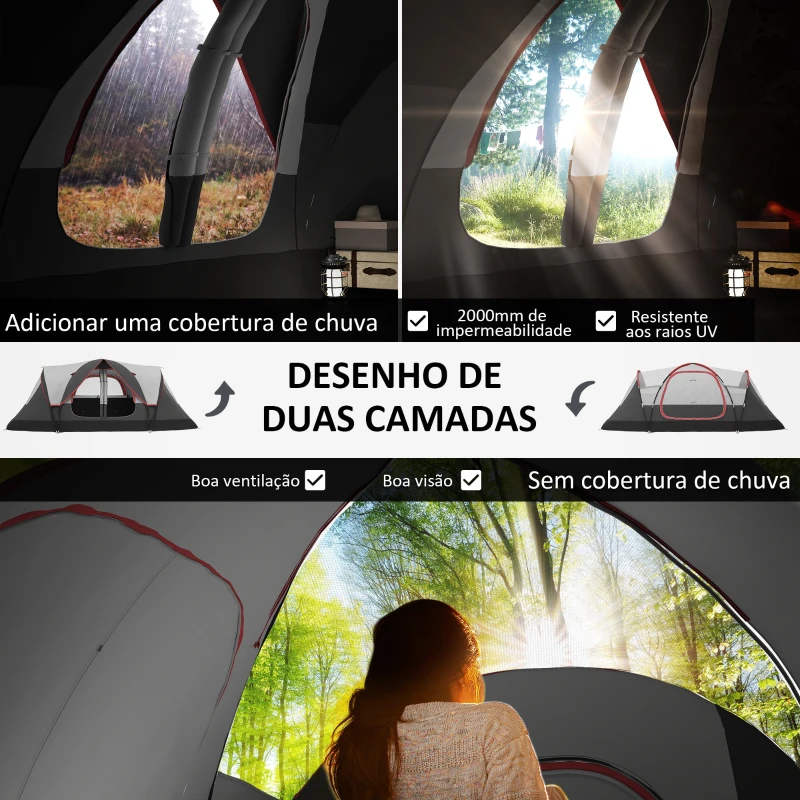 Outsunny Tenda de Campismo Familiar para 4-5 Pessoas Dobrável com 2 Quartos e Bolsa de Transporte Impermeável 450x215x180 cm Cinza
