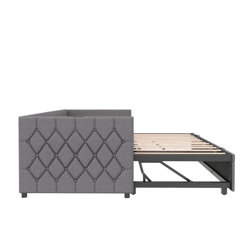 Upholstered Daybed with USB and Type-C Ports, Button-Tufted Pull-out Trundle Bed for Bedroom, Study Room, 206L x 193W x 71H cm, Grey
