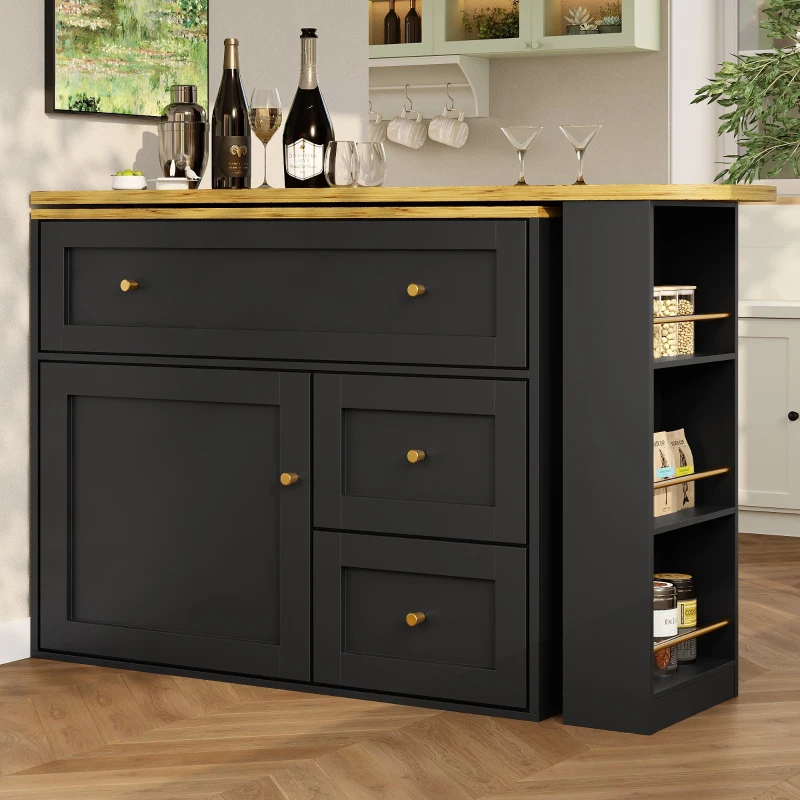 Extendable Bar Table with Storage Space, 360° Rotating Base, Snack Shelf, Bistro Table with Folding Drawers, 204L x 39W x 105H cm, Black