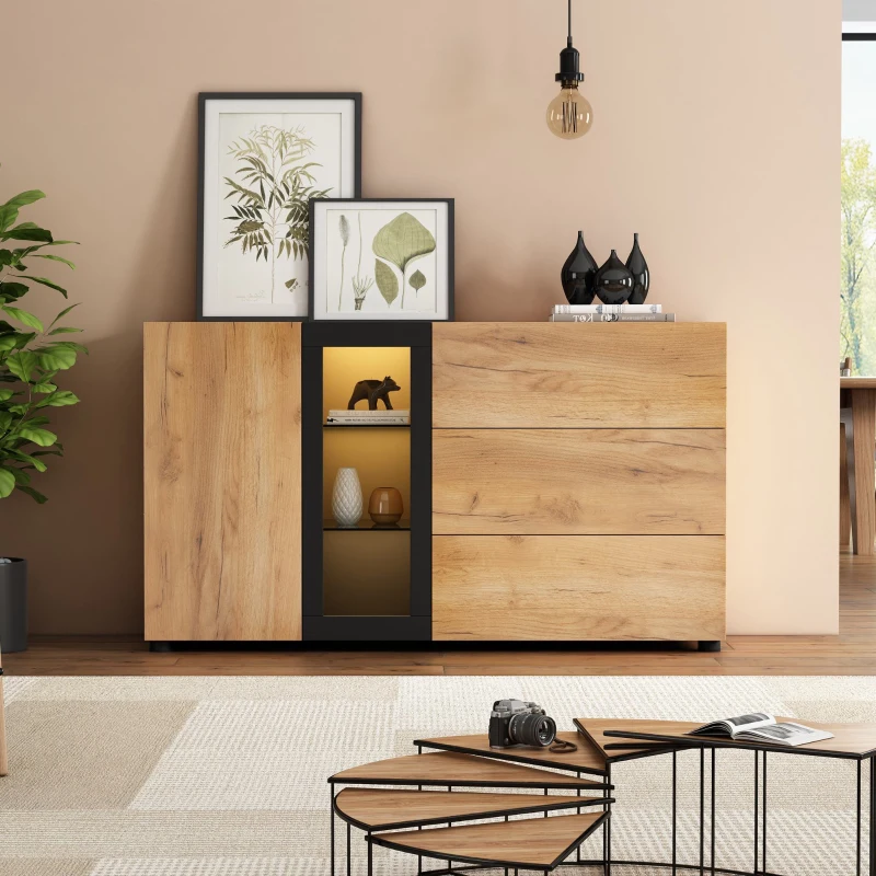 Modern Sideboard with 3 Drawers, LED Lighting, Storage Cabinet with Adjustable Glass Shelves, 140L x 40W x 80H cm, Black+Brown