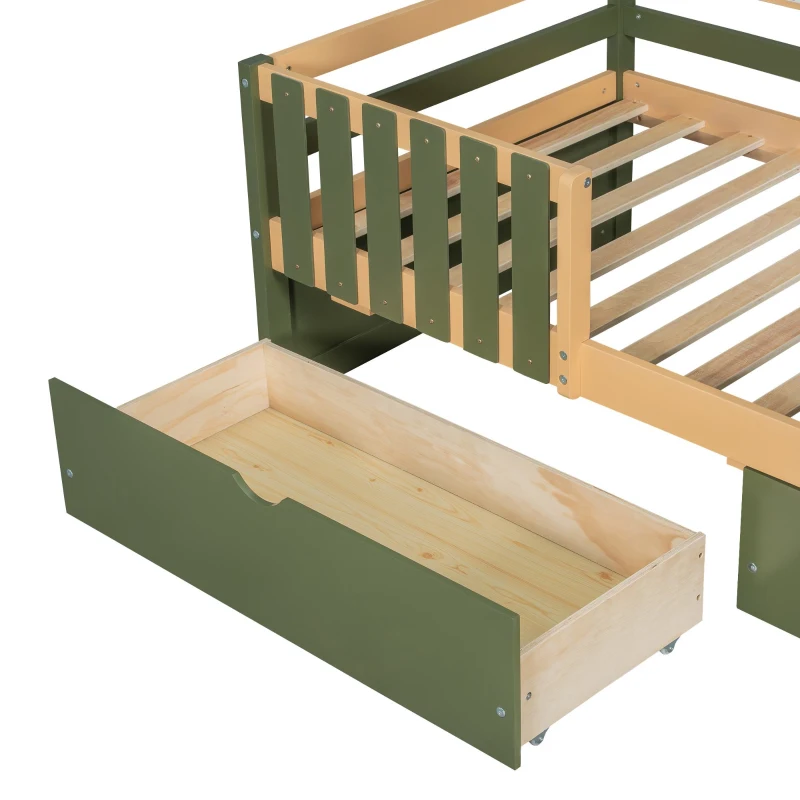 3ft Single Bed with 2 Storage Drawers, Safety Guardrail, Children's Wooden Bed with Faux Roof Design, 197.5L x 97W x 166H cm, Green+Natural