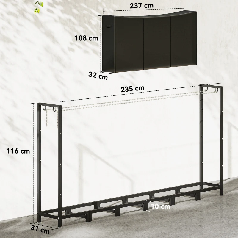 Outsunny Range-Bûches Extérieur Métallique de Cheminée Support pour Bûches avec Couverture Imperméable et Chaînes en Acier 235x31x116 cm Noir