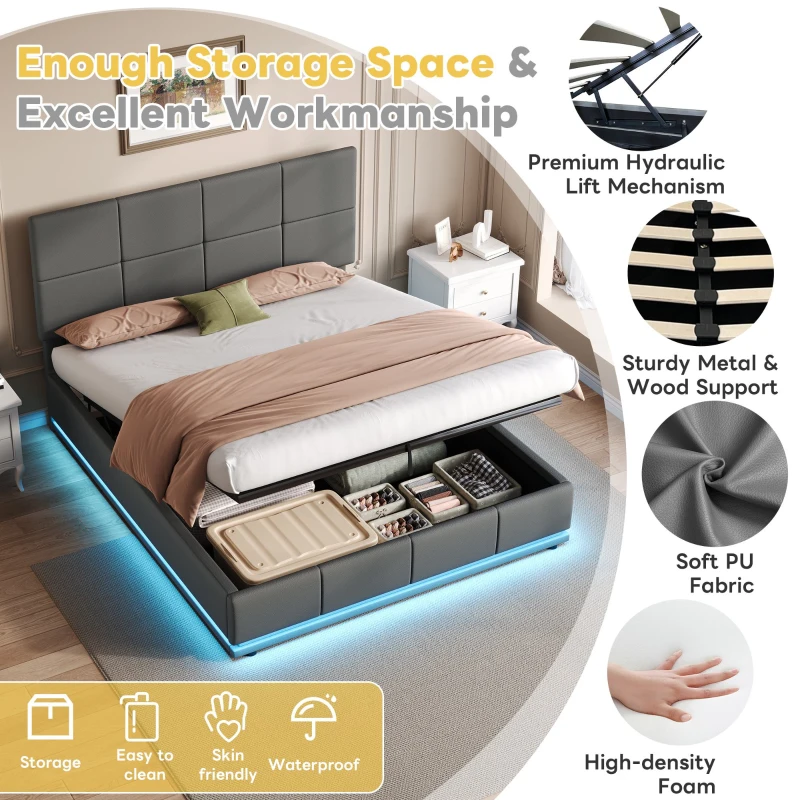 Ottoman Double Bed with PU Leather Finish, LED Lighting, Hydraulic Storage Bed with Adjustable Headboard, 193L x 142W x 111H cm, Grey