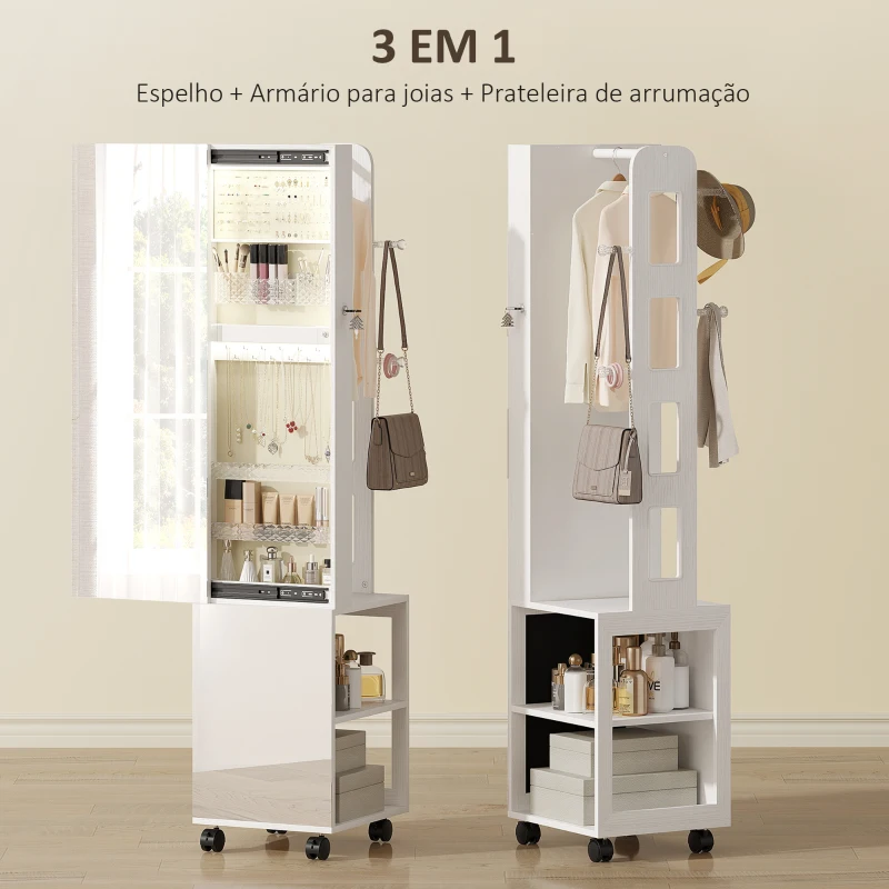 HOMCOM Espelho com Arrumação para Joias Luzes LED Armário para Joias com Rotação de 360° e Fecho com Chave 37x40x165,5 cm Branco