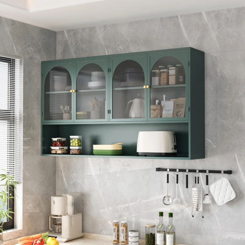 Armoire murale avec quatre portes en verre et étagère, pour cuisine, salon, salle de bain, 120x23x70 cm, Vert foncé