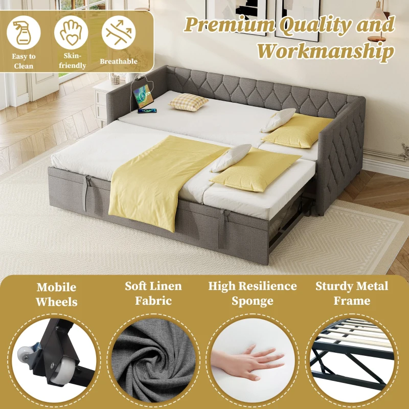 Upholstered Daybed with USB and Type-C Ports, Button-Tufted Pull-out Trundle Bed for Bedroom, Study Room, 206L x 193W x 71H cm, Grey