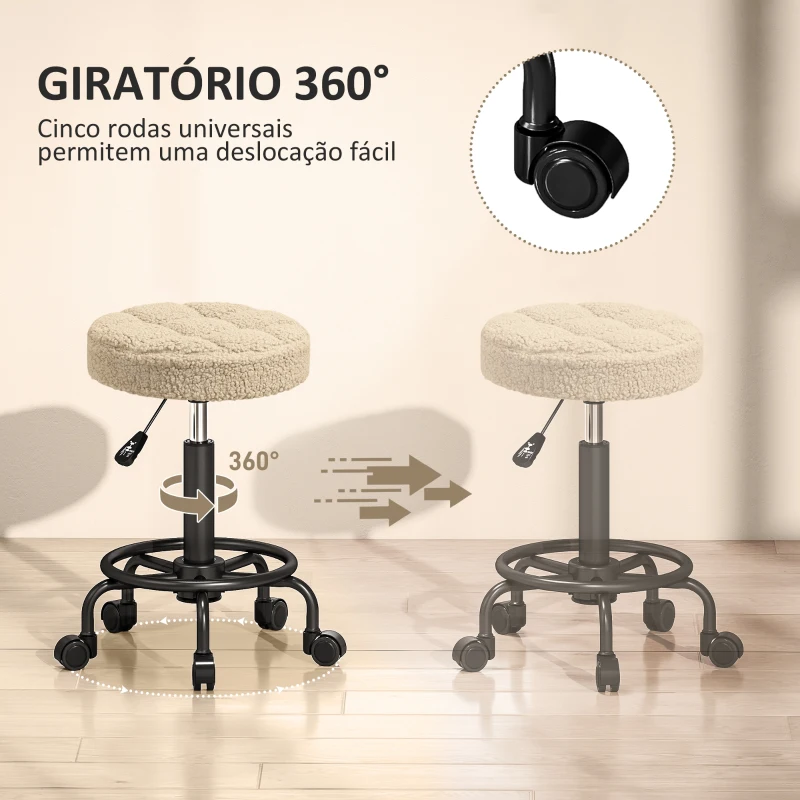 HOMCOM Banco Giratório Redondo Banco com Rodas Altura Regulável 50-66 cm Assento Estofado em Tecido tipo Borreguito Marrom Claro