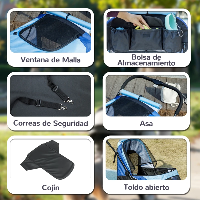 PawHut Cochecito Plegable para Mascotas con Ventanas de Malla Cojín Acolchado para Perros de hasta 30 kg 124x67x100 cm Azul