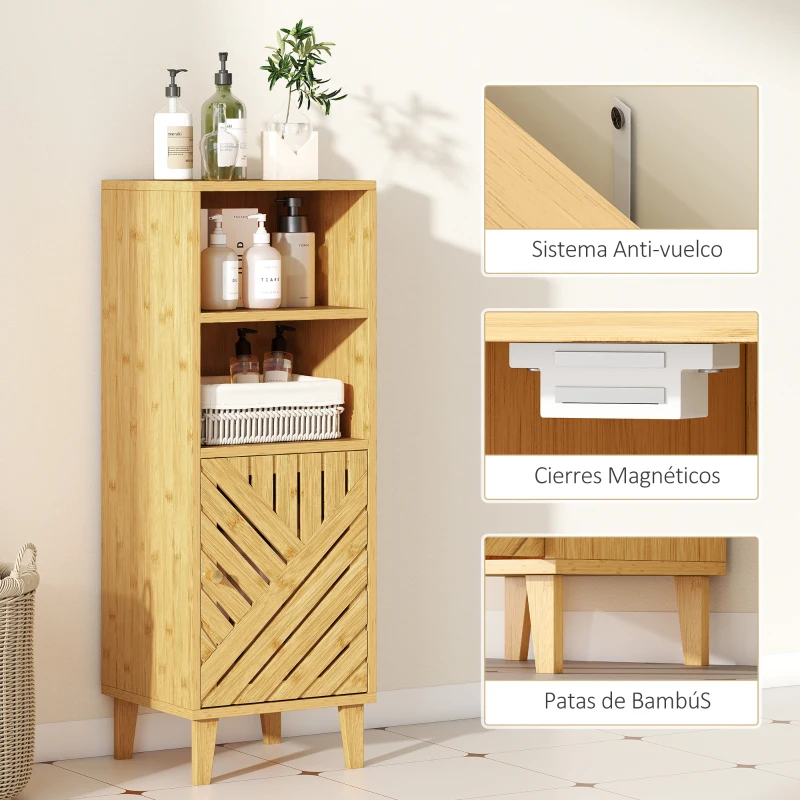 HOMCOM Armario de Baño Estrecho Mueble Auxiliar de Baño con 2 Estantes Abiertos Puerta y Patas de Bambú 32x30x90 cm Natural