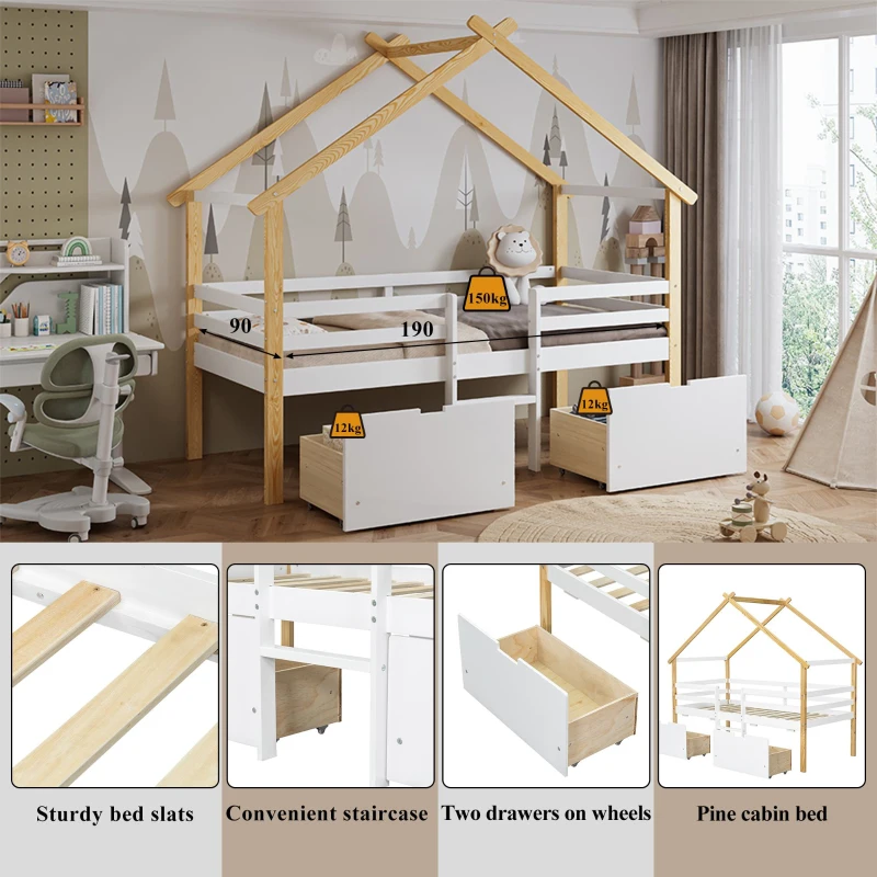 3ft Children's Bed with 2 Storage Drawers, Safety Guardrail, MDF and Pinewood Frame, Roof Design, 201.5L x 95W x 212H cm, White+Natural