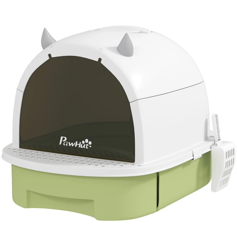 PawHut Maison de toilette pour chat bac à litière fermé chat poignée de transport porte translucide 40,5 x 52 x 39 cm vert