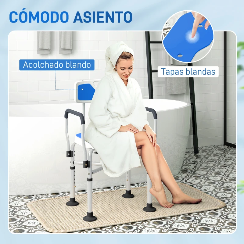 HOMCOM Silla de Ducha con Asiento Ranurado Altura Regulable Antideslizante Respaldo y Reposabrazos Carga 136 kg Azul