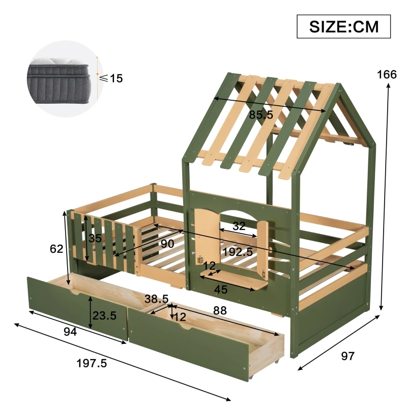 3ft Single Bed with 2 Storage Drawers, Safety Guardrail, Children's Wooden Bed with Faux Roof Design, 197.5L x 97W x 166H cm, Green+Natural