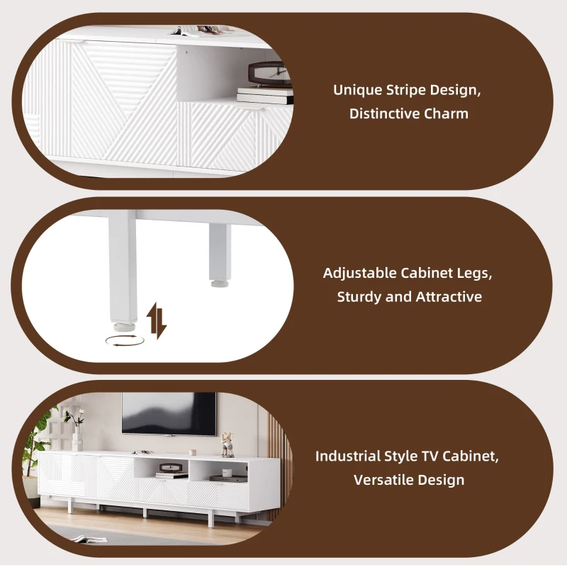 Modern Bohemian TV Entertainment Center with Cabinet and Drawers, Geometric Lines TV Stand for 90 Inch TVs, 200L x 40W x 51H cm, White