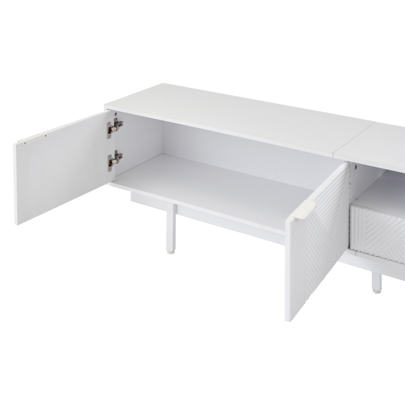 Modern Bohemian TV Entertainment Center with Cabinet and Drawers, Geometric Lines TV Stand for 90 Inch TVs, 200L x 40W x 51H cm, White