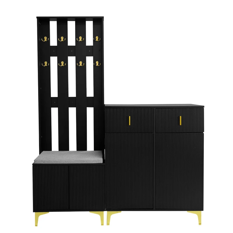 Modern Wardrobe Set with Shoe Bench and Cushion, Gold Hooks, Wavy Texture, Elegant Shoe Cabinet with Drawers and Doors, Black