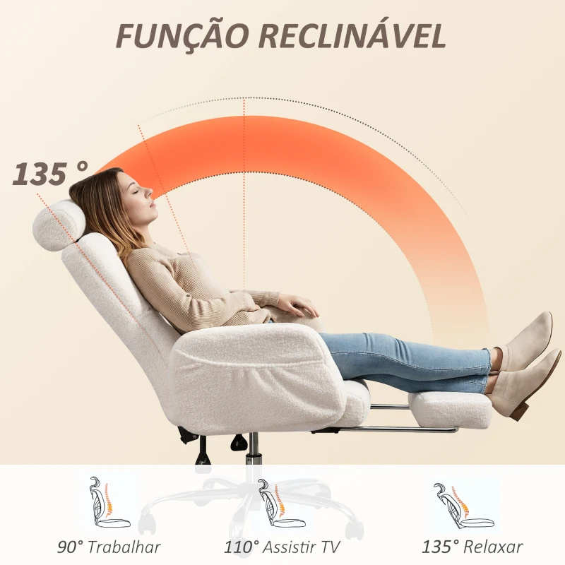 HOMCOM Cadeira de Escritório com Apoio para Pés Estofada em Borreguito e Encosto Reclinável  67x74x107-115 cm Creme