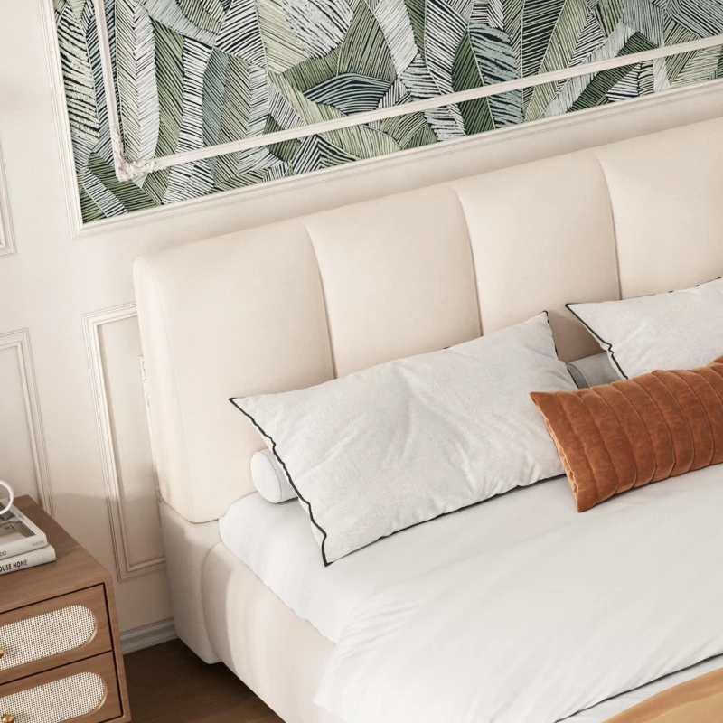 4ft6 Upholstered Double Bed with Durable Frame, Soft Headboard, Sturdy Slats, Velvet Bed for Adults, Teenagers, 213L x 152W x 89H cm, White