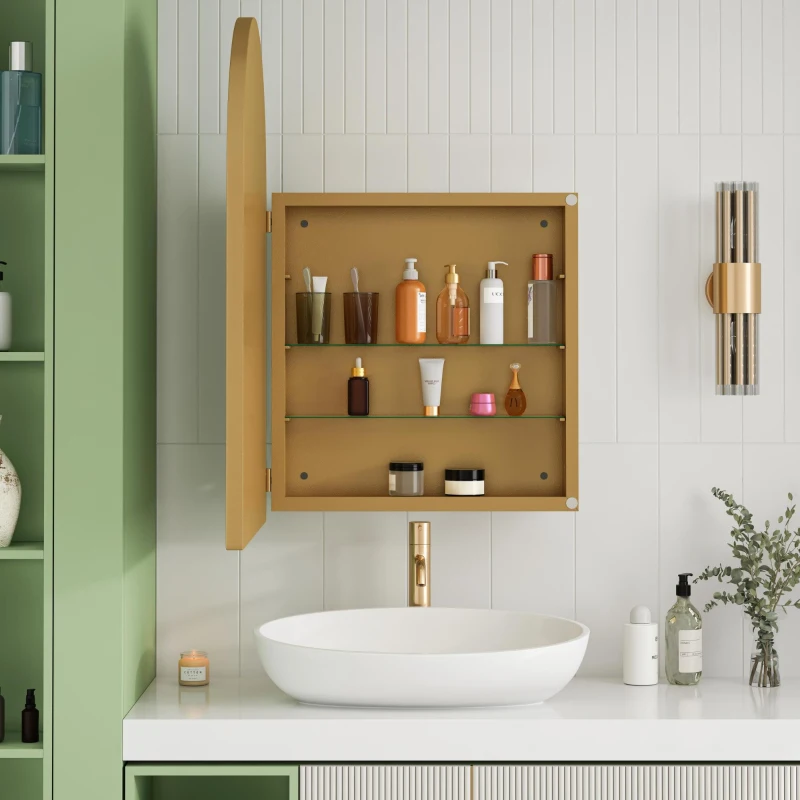 Armoire murale avec miroir arqué et cadre en métal, pour salle de bain, salon et chambre à coucher, 91x61x12 cm, Or