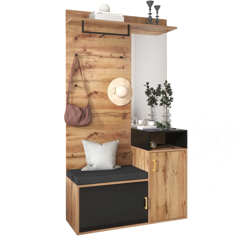 Elegant Hallway Wardrobe Set with Mirror, Shoe Cabinet, Coat Hooks, Bench Seat, Ideal for Entryway, 105L x 40W x 191H cm, Black+Natural
