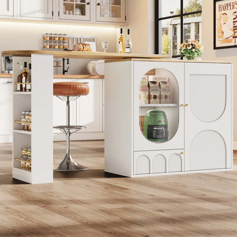 360° Rotating Bar Table with Storage Shelves, Metal Handles, Multi-Functional Dining Table and Sideboard, 204L x 39W x 105H cm, White
